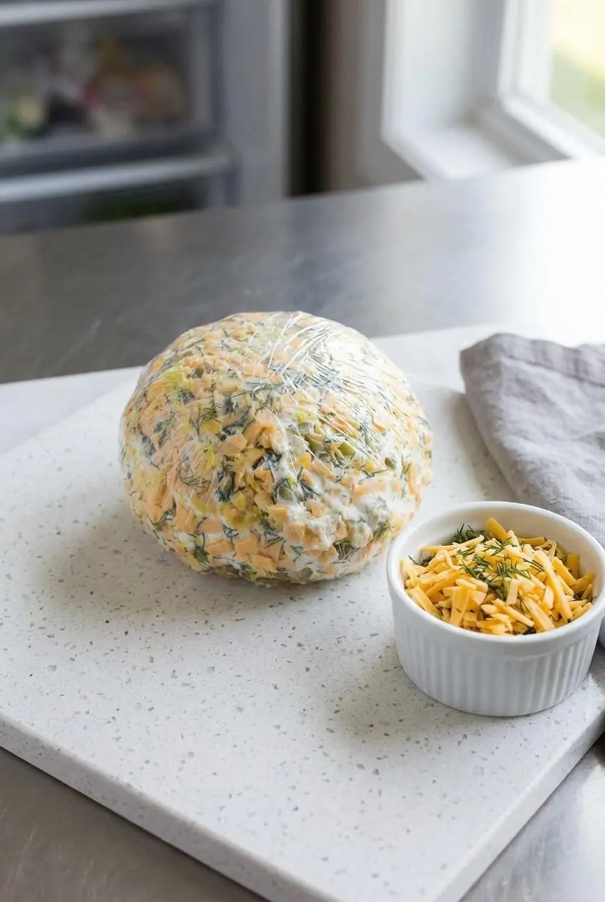 Shaped cheese ball wrapped tightly in clear plastic wrap next to a bowl of fresh dill and shredded cheddar.