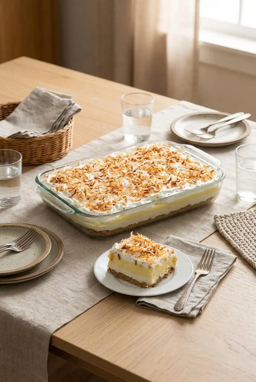Completed coconut cream lush in a glass baking dish beside a plated square slice on a wooden table.