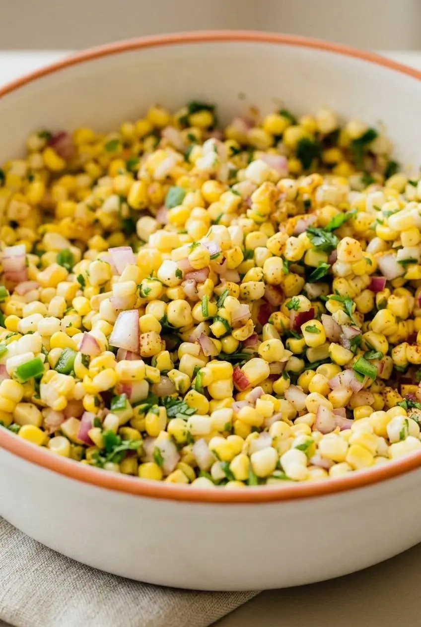 Macro view of freshly tossed corn salsa kernels glistening with lime juice, minced jalapeño, and red onion.