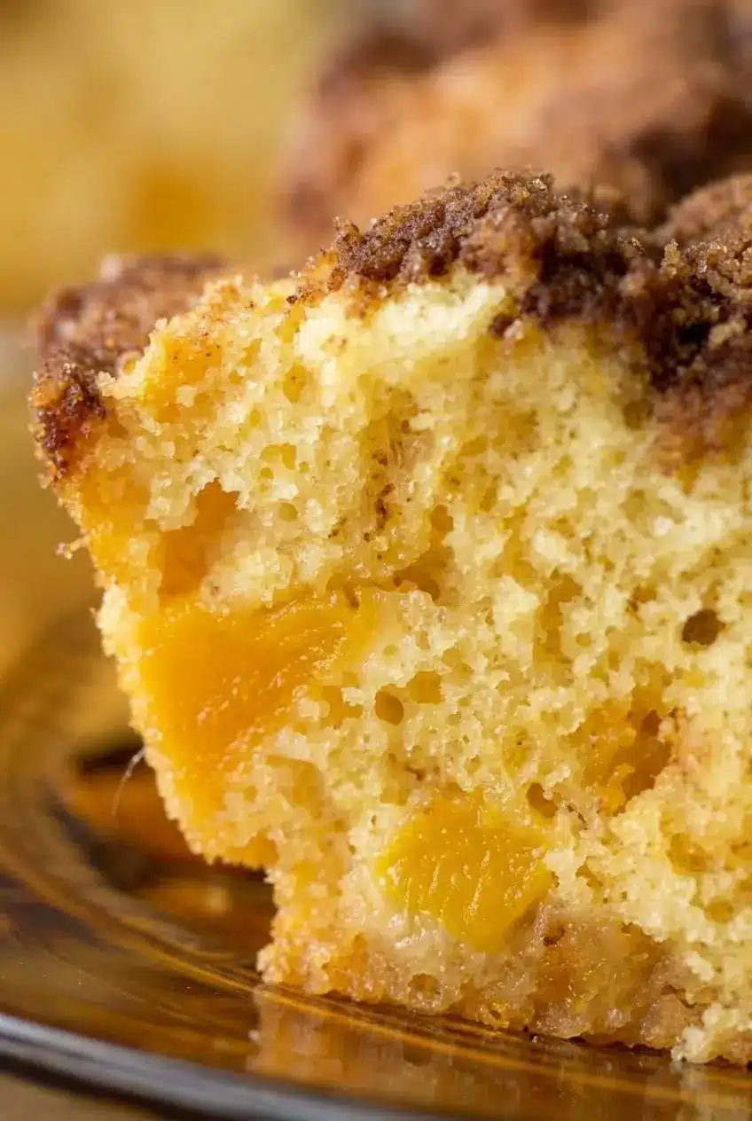 Cross section of mango coffee cake showing an open, tender buttermilk crumb and firm mango chunks.
