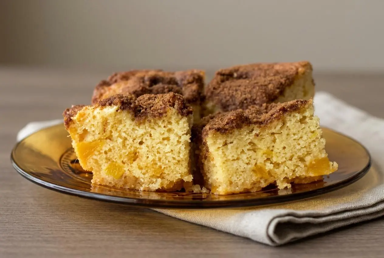 Golden mango coffee cake baked in a pan with tender fruit chunks and cinnamon sugar topping.