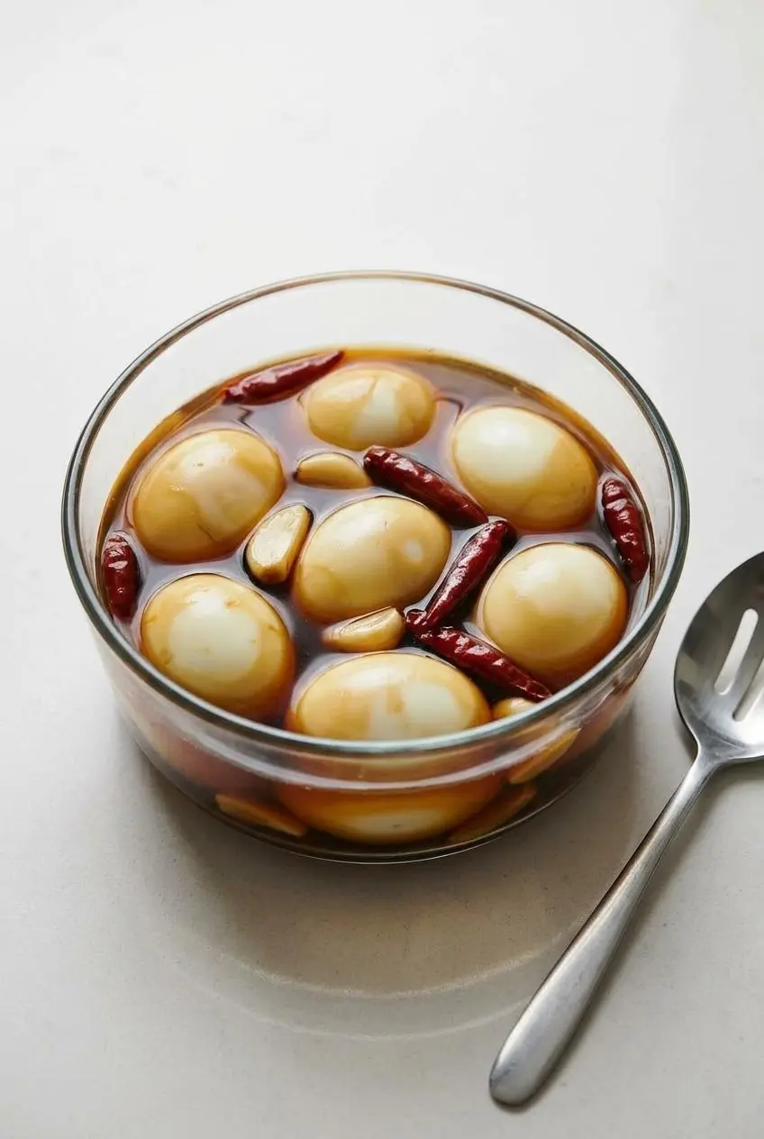 Peeled soft-boiled eggs soaking in garlic and dried chile soy marinade in a glass container.