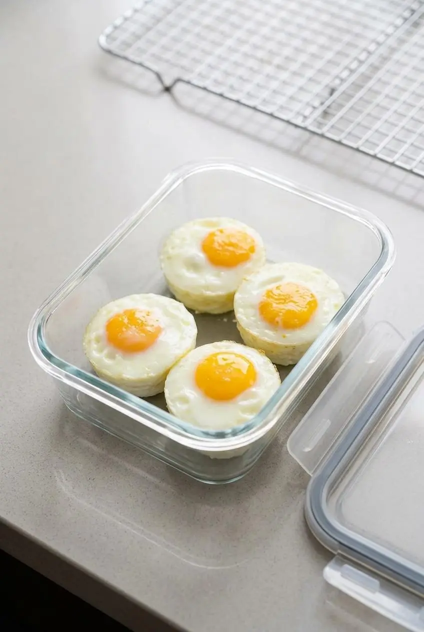 Four firm baked eggs arranged in a glass meal prep container on a quartz kitchen counter.