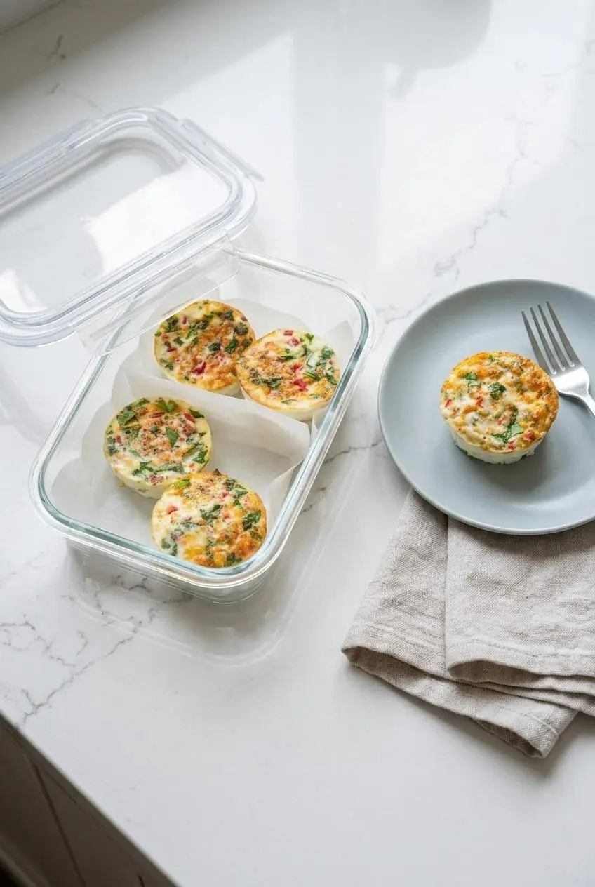 Chilled egg white bites stored in a clear glass meal prep container with parchment paper.