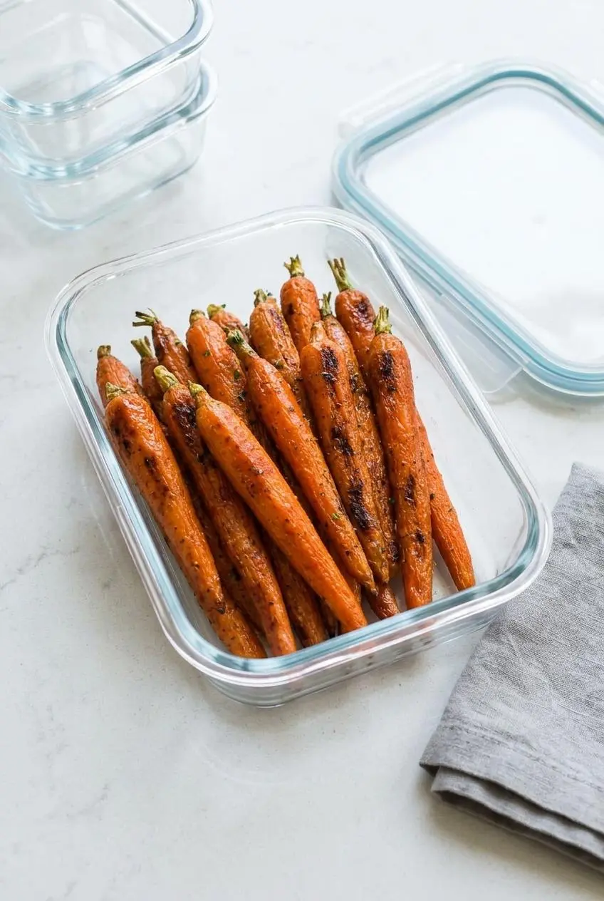 Roasted carrot pieces stored inside a clear glass meal prep container on a quartz countertop.