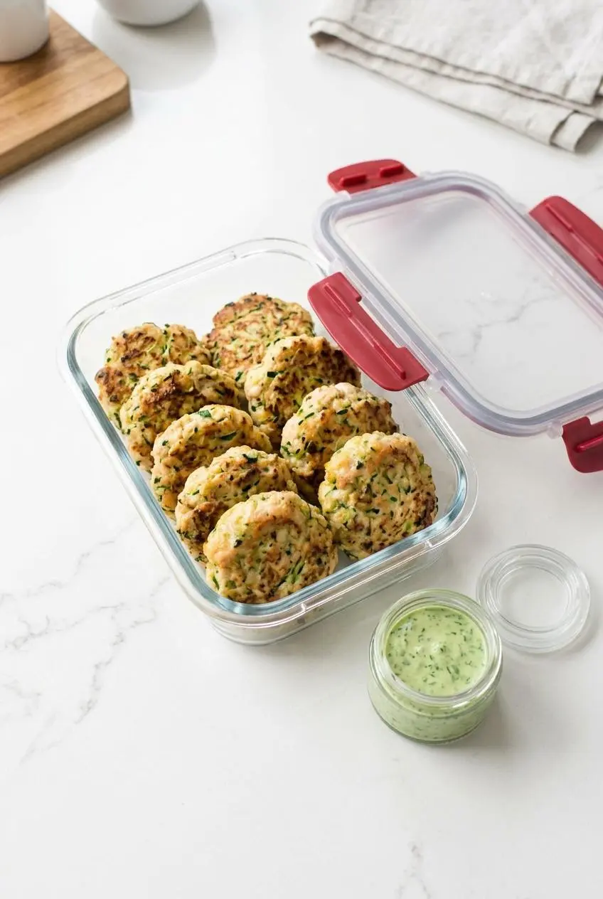 Cooked chicken zucchini poppers in a glass meal prep container next to a small jar of cilantro dip.