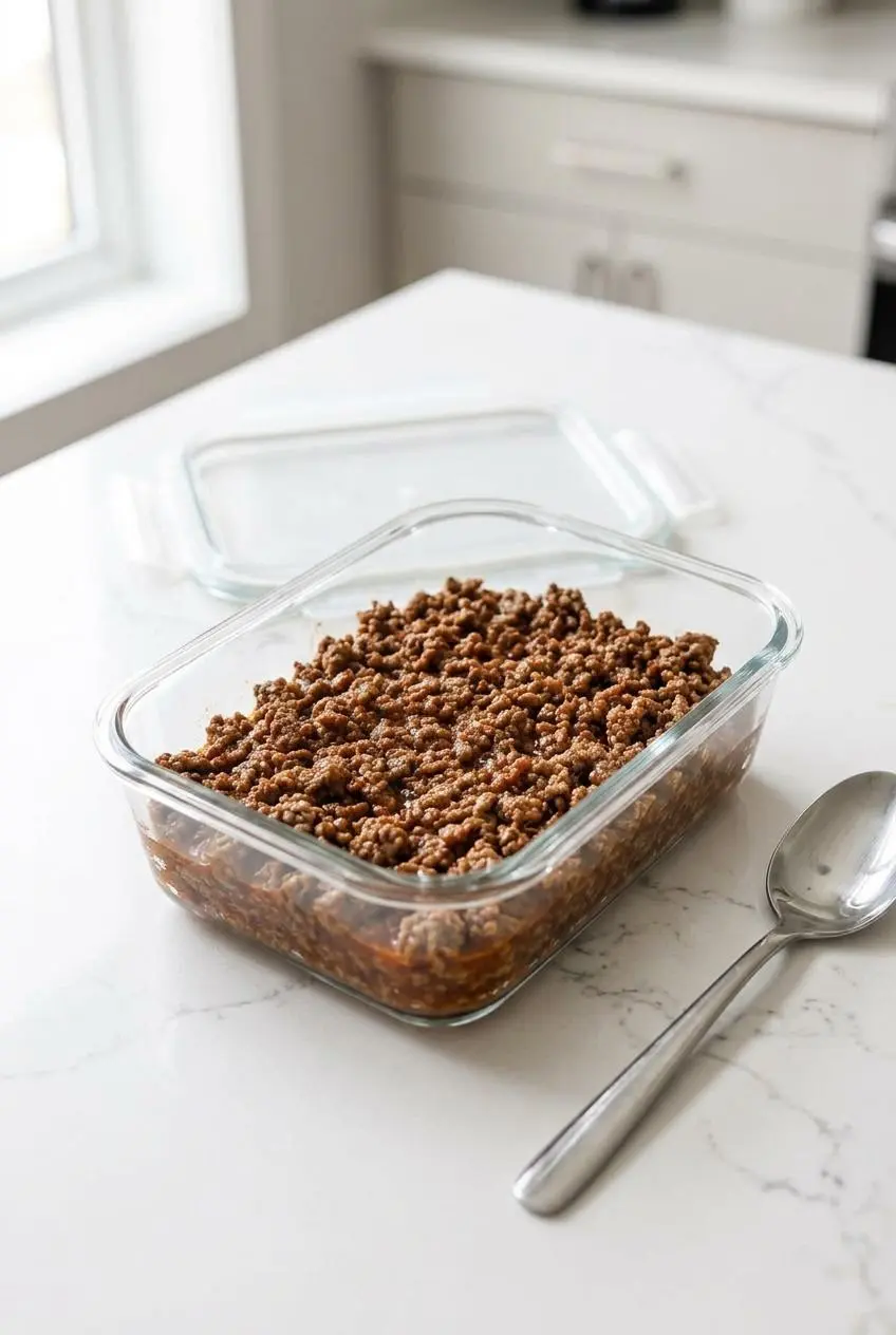 Cooked taco meat stored in a clear rectangular glass container on a white quartz kitchen counter.