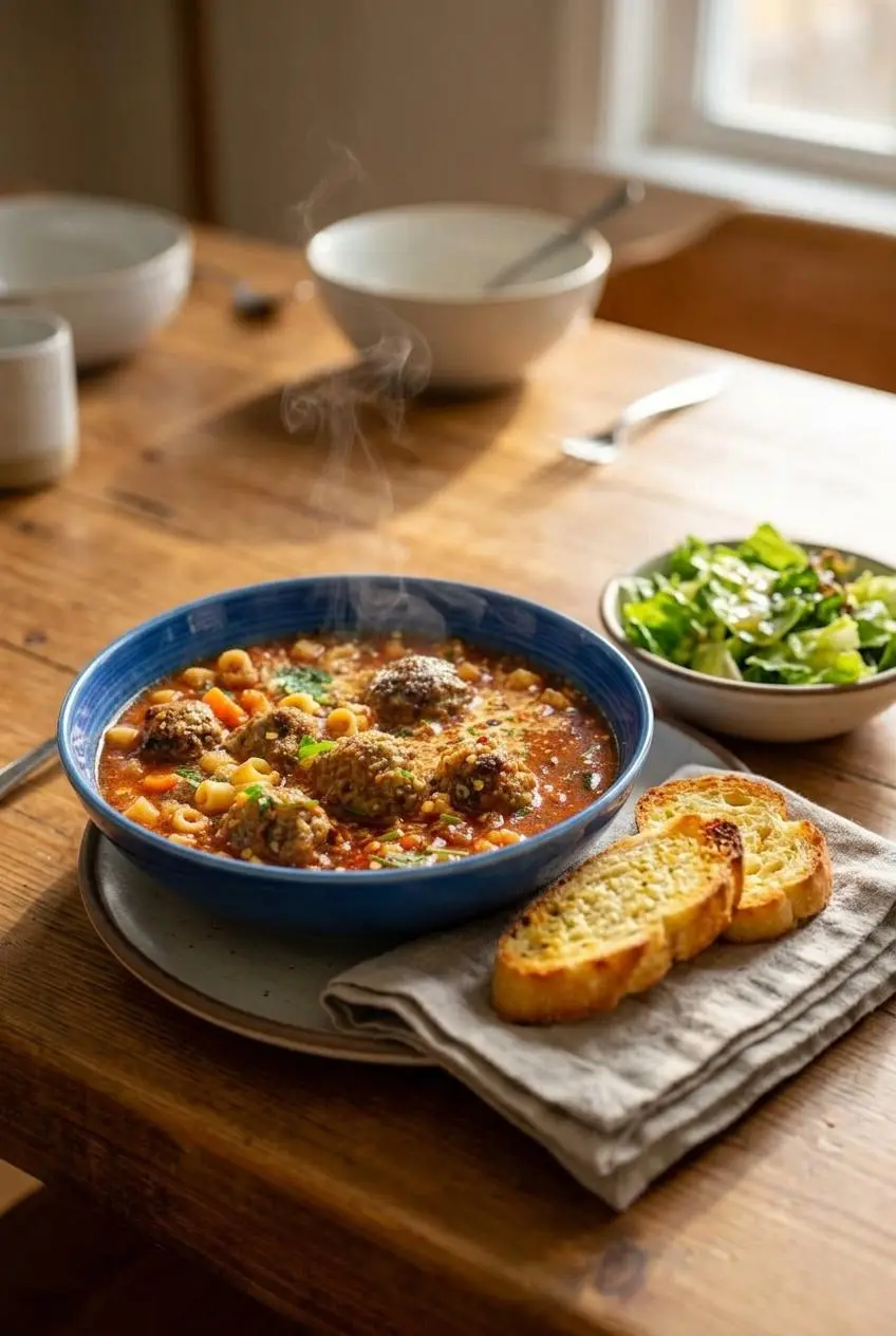 Bowl of hot meatball soup served alongside toasted garlic bread and a simple green salad on a wooden table.