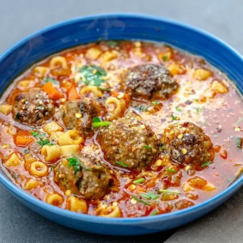 Steaming bowl of meatball soup with tender beef meatballs, ditalini pasta, and vegetables in glossy tomato broth.