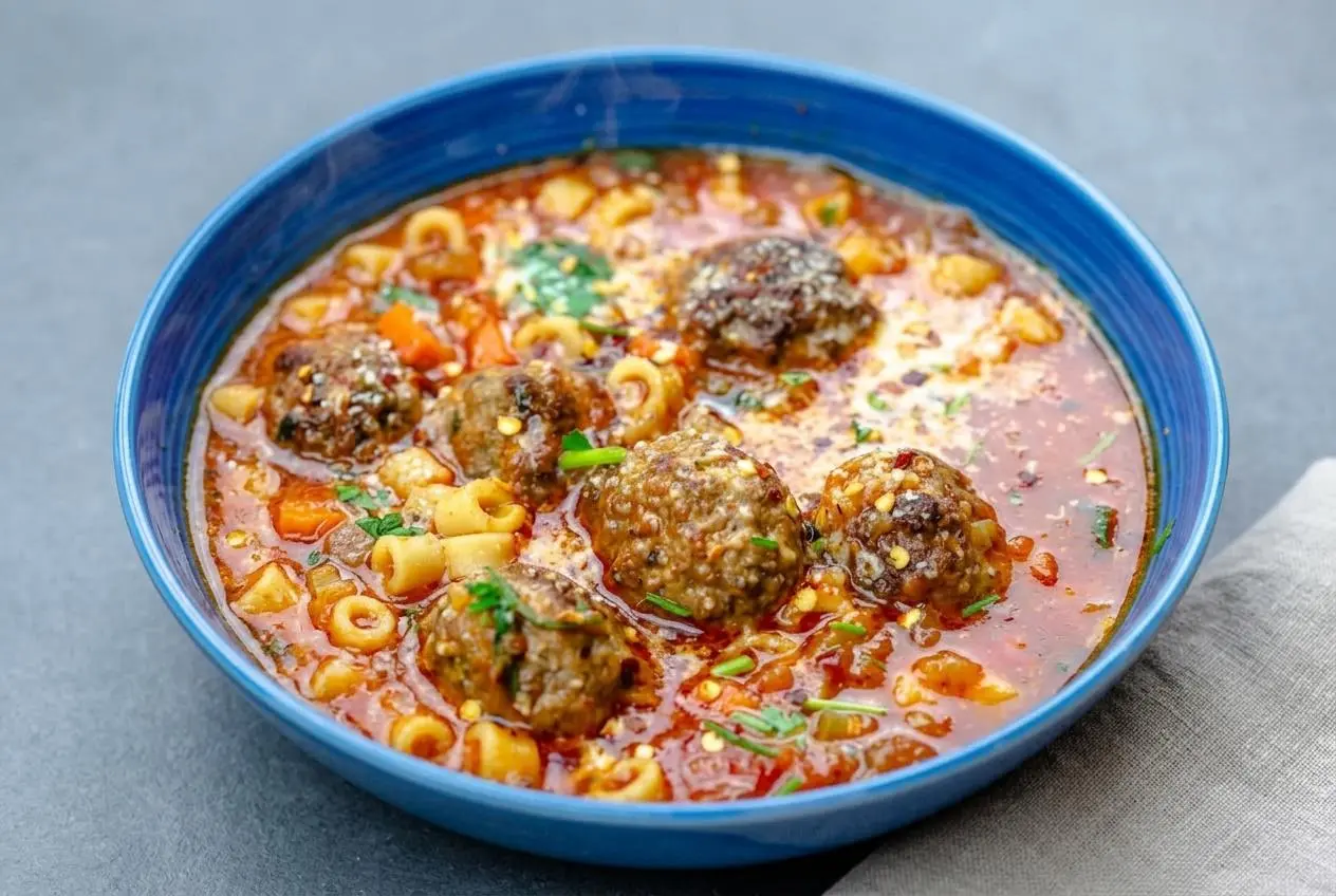 Steaming bowl of meatball soup with tender beef meatballs, ditalini pasta, and vegetables in glossy tomato broth.