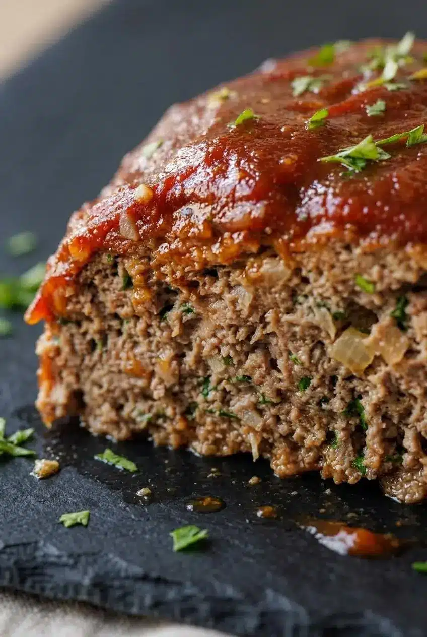 Close-up of a juicy meatloaf slice showing tender, cohesive beef texture and glistening glaze.