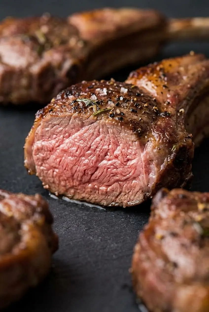 Sliced medium-rare lamb chop revealing a juicy pink interior and a well-browned rosemary crust.