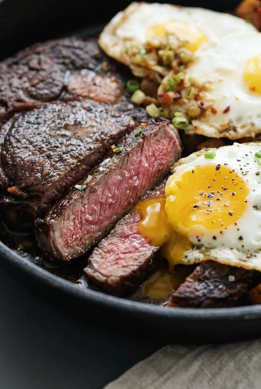 Sliced medium-rare ribeye steak showing a dark browned crust beside a liquid golden egg yolk.