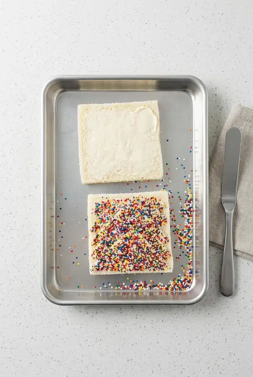 Overhead view of fairy bread preparation in a rimmed metal baking sheet catching stray rainbow sprinkles.