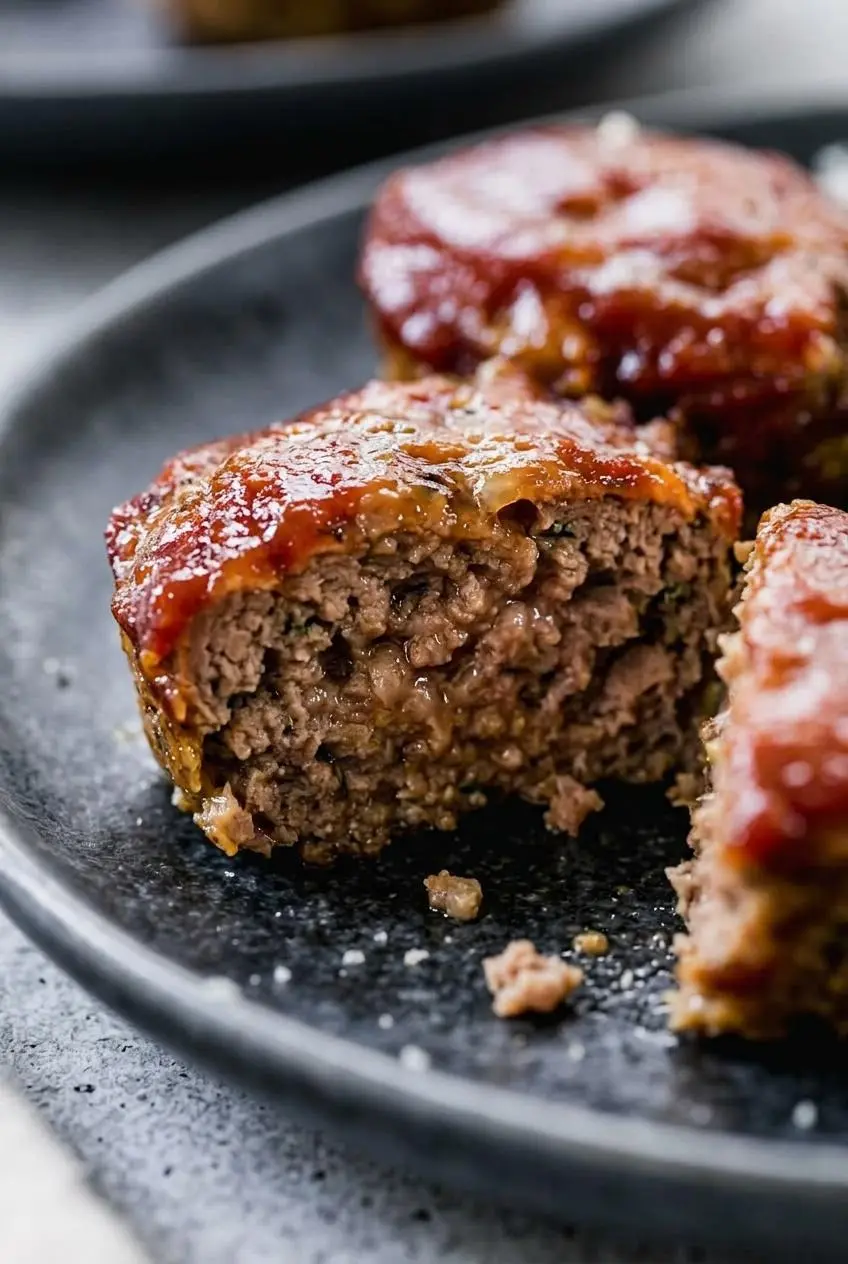 Sliced mini meatloaf showing a moist, tender beef interior with onion flecks and a glossy caramelized top glaze.