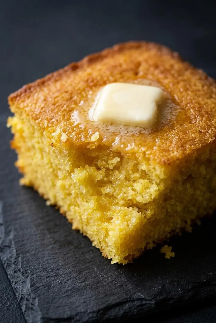 Close-up of a broken square of moist golden cornbread showing a soft, cohesive crumb without crumbling.