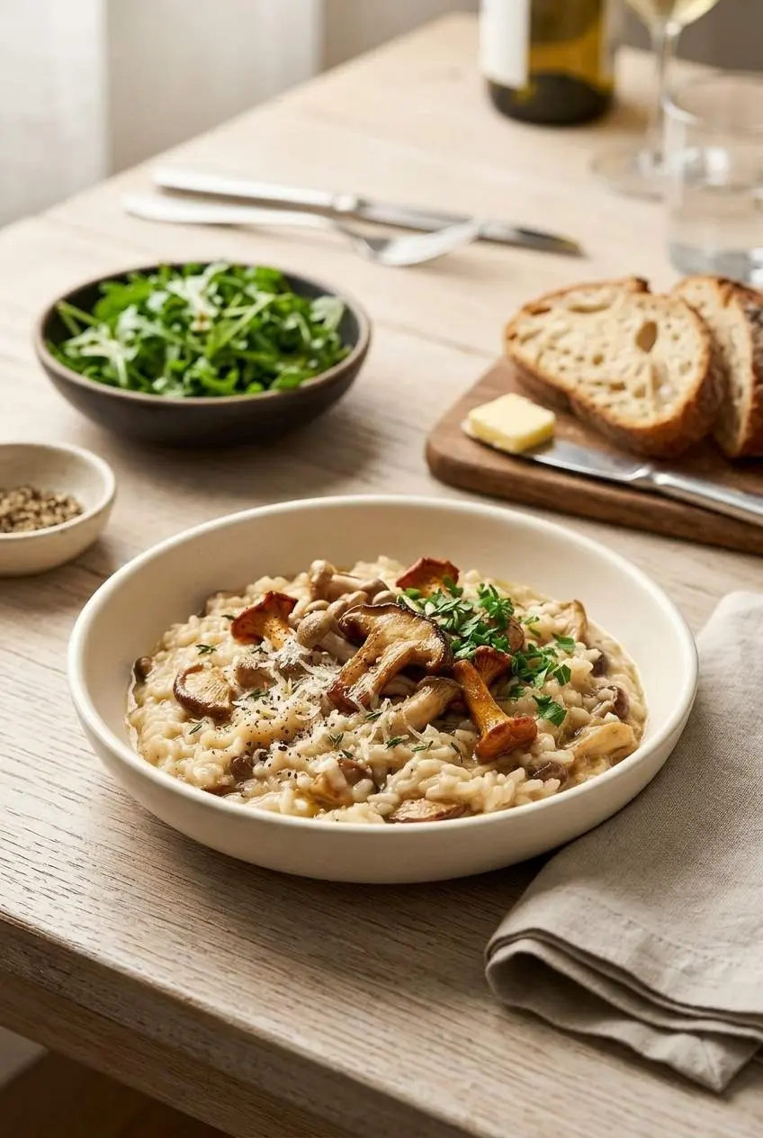 Warm bowl of mushroom risotto served with a fresh arugula salad and crusty artisan sourdough bread on a wooden table.