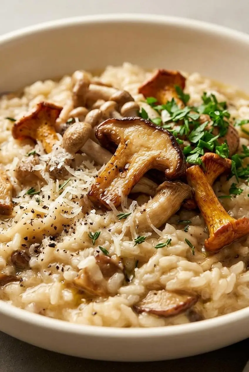 Close-up of creamy Arborio rice grains, seared cremini mushrooms, and a spoon leaving a trail through the sauce.
