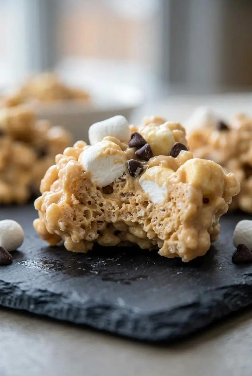 Interior texture of a broken avalanche cookie showing whole mini marshmallows and crisp cereal.