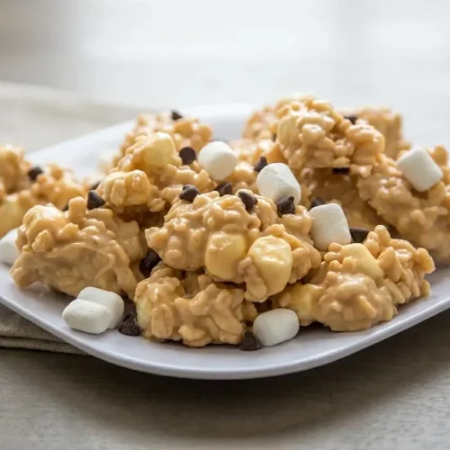No bake avalanche cookies with crisp rice cereal, mini marshmallows, and a glossy peanut butter coating.