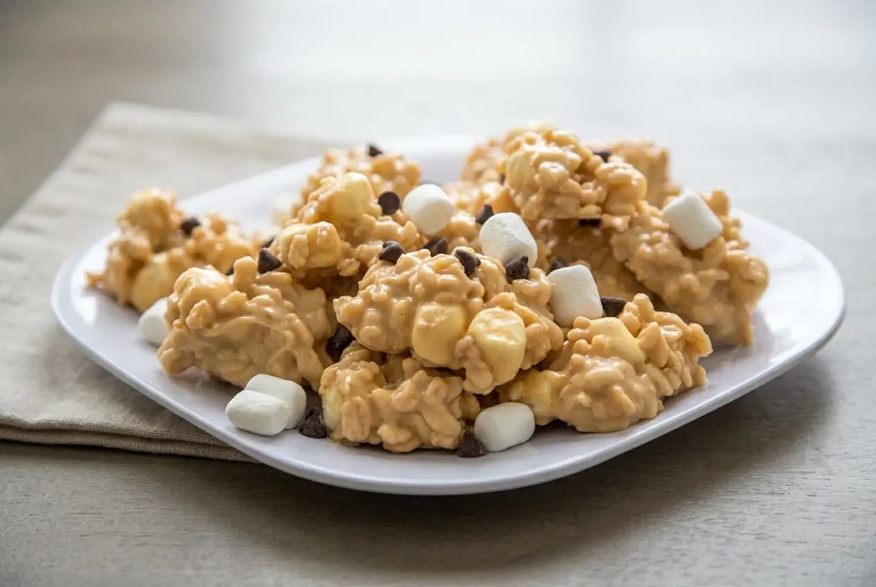 No bake avalanche cookies with crisp rice cereal, mini marshmallows, and a glossy peanut butter coating.