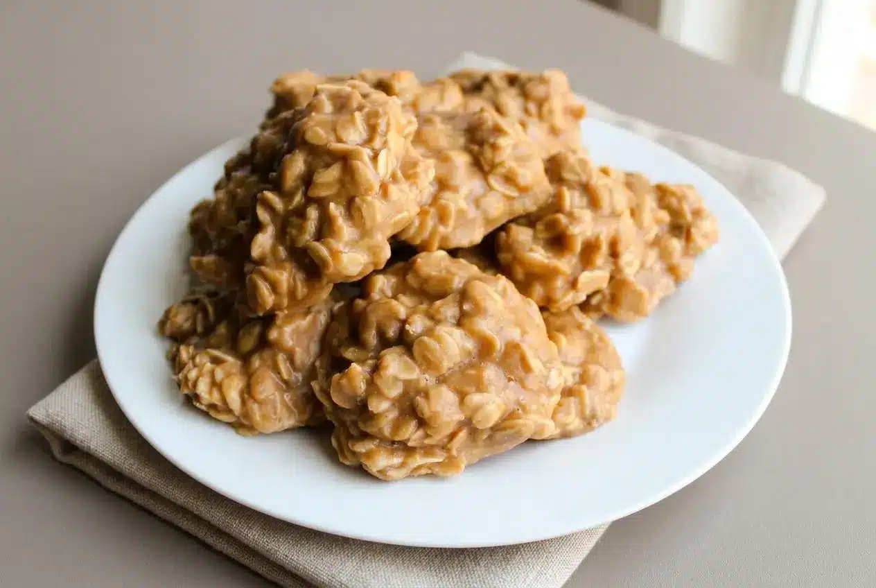 No bake peanut butter oatmeal cookies piled with a golden, glossy finish and visible chewy rolled oats.