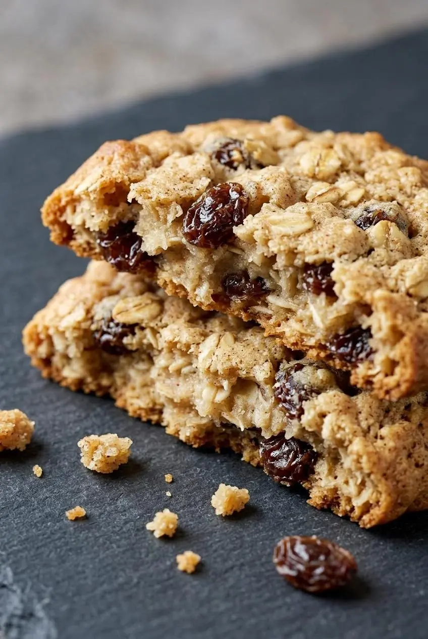 Close-up of a broken oatmeal cookie showing a tender, chewy interior, rolled oats, and plump raisins.