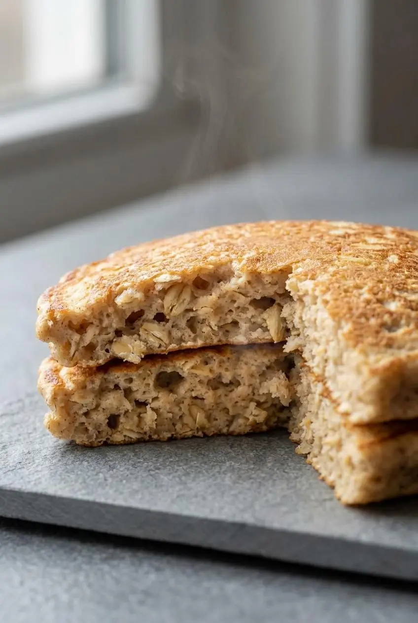 Torn cross section of an oatmeal pancake showing the fluffy crumb and soft soaked rolled oat flakes.