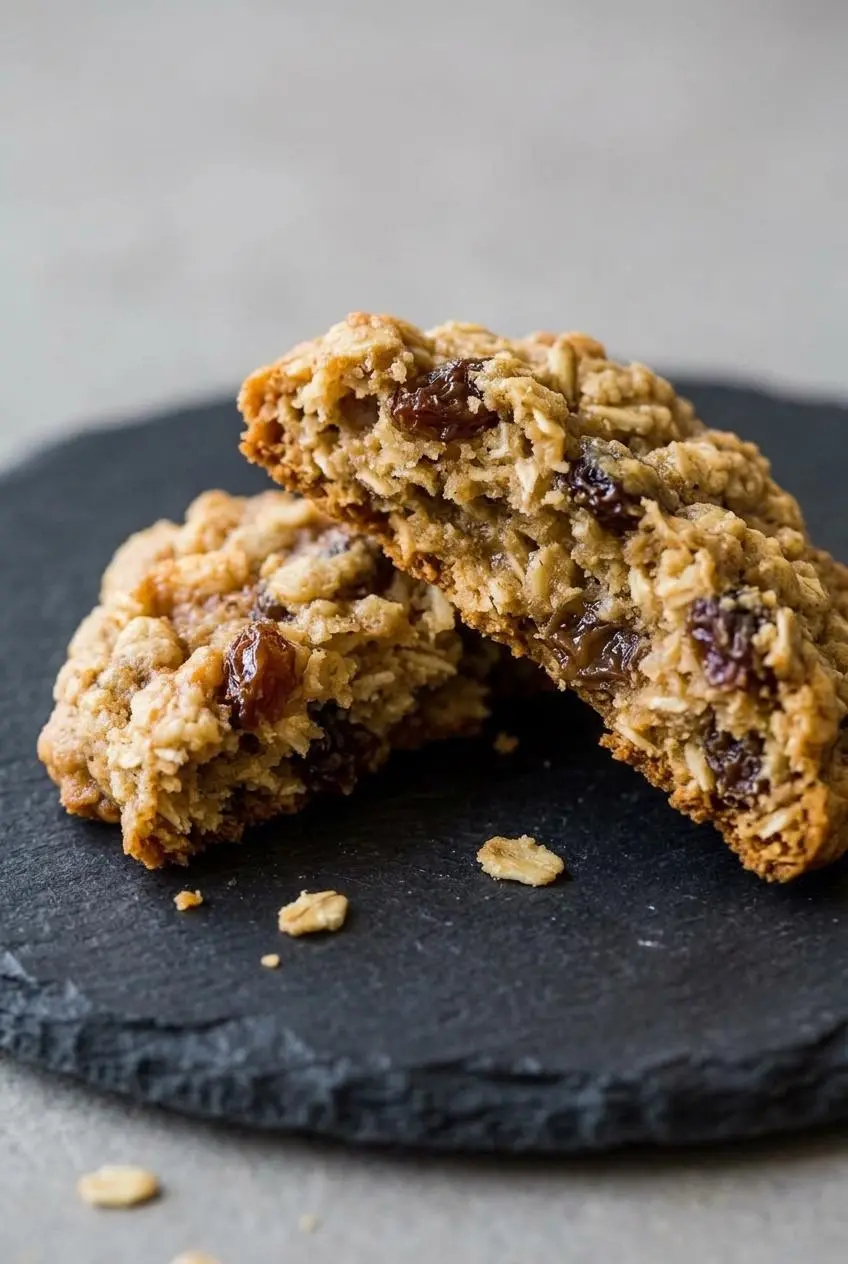 Oatmeal raisin cookie broken in half showing a soft, chewy interior crumb and plump dark raisins.