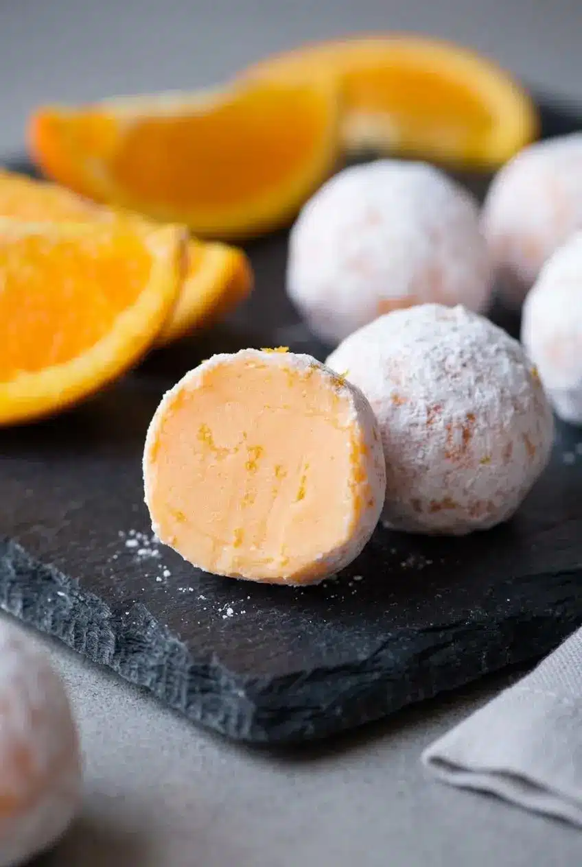 Sliced orange creamsicle truffle showing a silky, emulsified pale orange ganache core on dark slate.