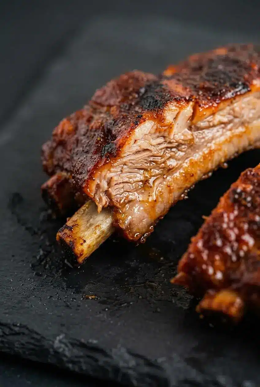 Close-up of tender oven baked pork rib with meat pulling back slightly from the bone tip.