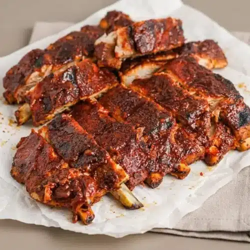 Tender oven baked ribs glazed with caramelized barbecue sauce on a baking sheet.