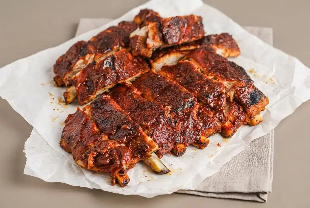 Tender oven baked ribs glazed with caramelized barbecue sauce on a baking sheet.