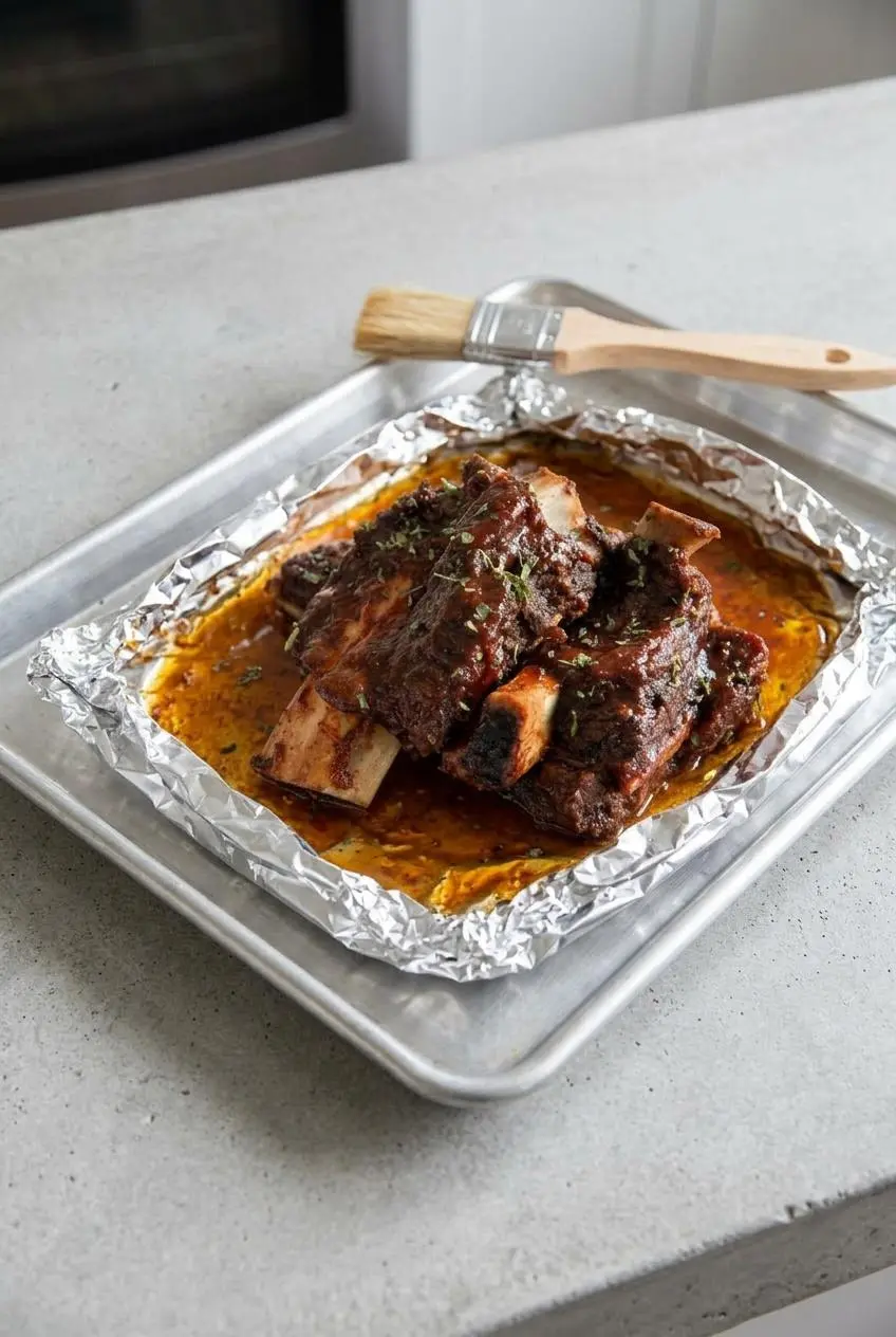 Oven-braised beef ribs revealed in an opened foil pouch on a baking sheet, brushed with barbecue sauce.