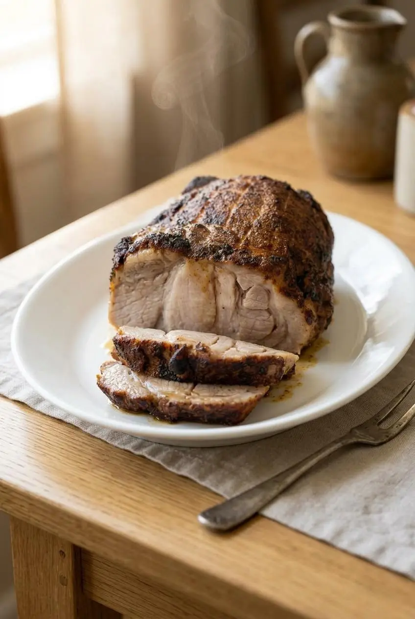 Whole roasted pork shoulder with carved slices resting on a table ready for dinner.