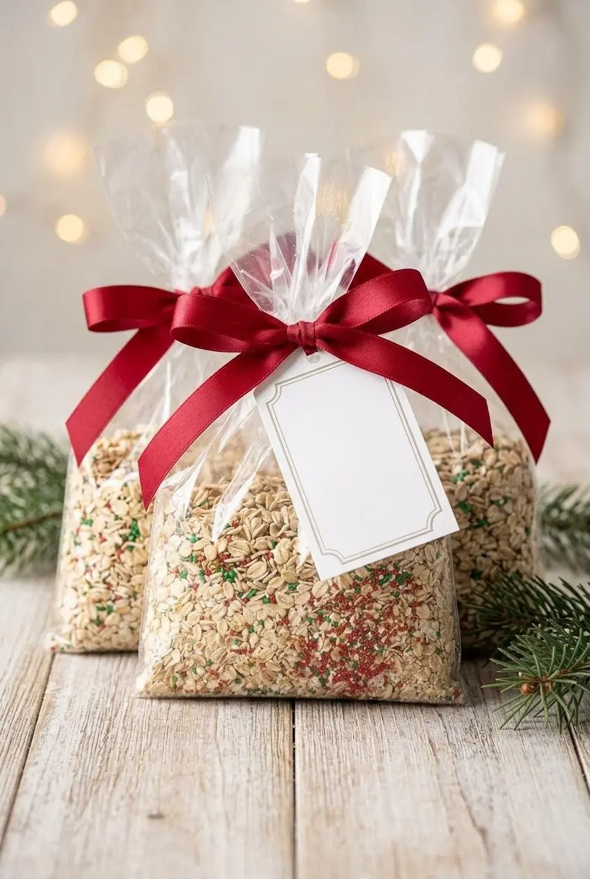 Packaged reindeer food gift bags tied with red ribbon and cardstock tags on a rustic table.
