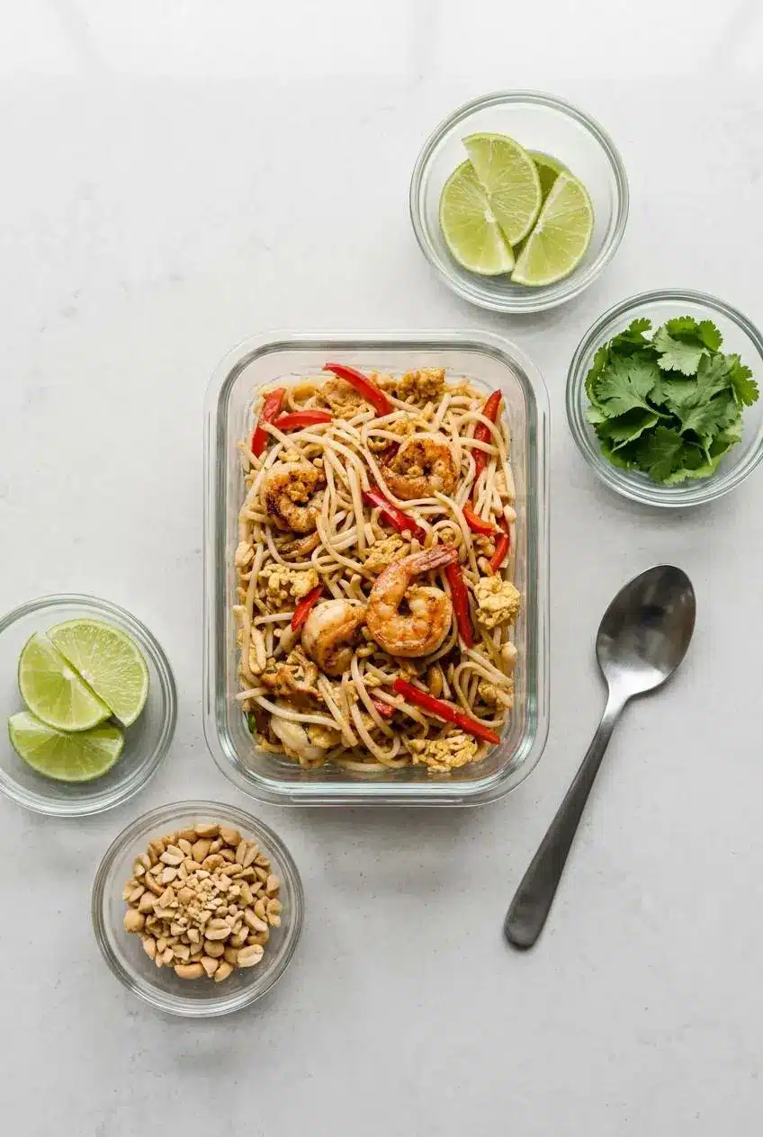 Glass food container filled with leftover pad thai noodles beside lime wedges and crushed peanuts.