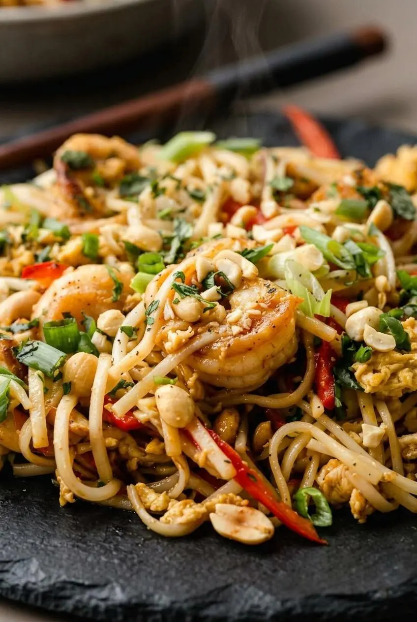 Close-up of stir-fried rice noodles coated in glossy tamarind glaze with seared shrimp and scrambled egg.
