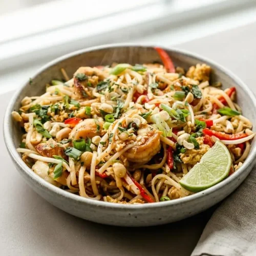 Pad thai recipe with glossy rice noodles, seared shrimp, crushed peanuts, and fresh lime wedges.