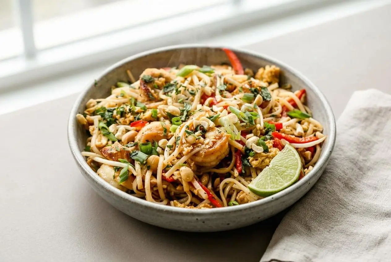 Pad thai recipe with glossy rice noodles, seared shrimp, crushed peanuts, and fresh lime wedges.
