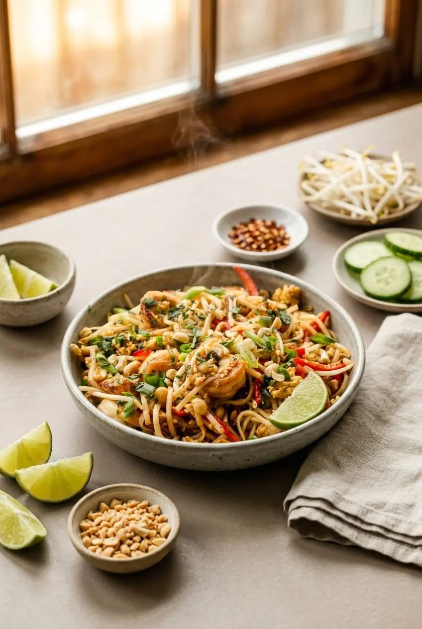Bowl of pad thai served with lime wedges, crushed roasted peanuts, fresh bean sprouts, and cucumber slices.