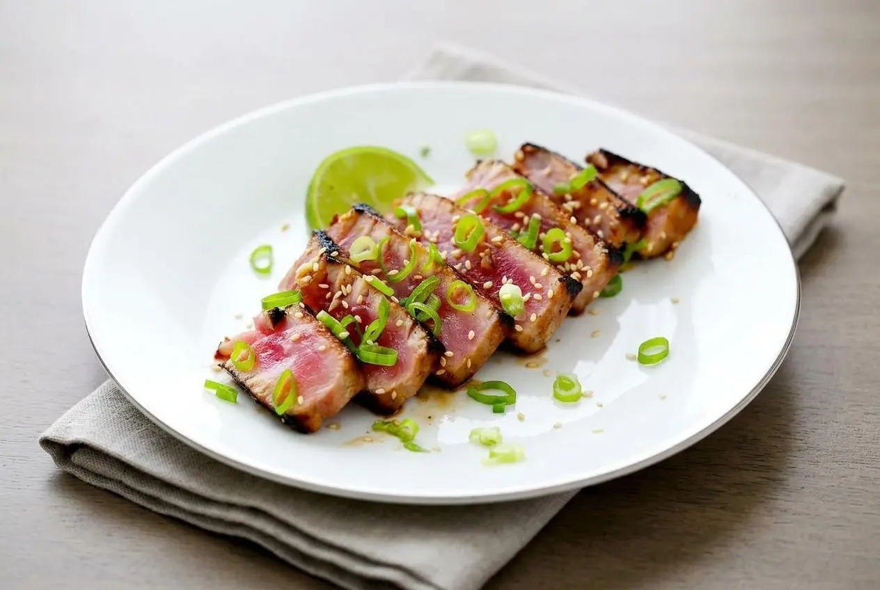 Pan-seared tuna steak sliced to reveal a crisp golden sesame crust and tender ruby-red center.