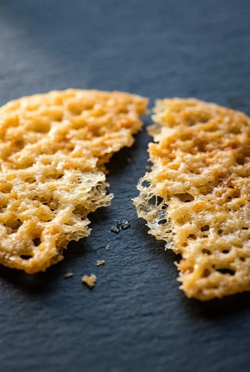 Snapped parmesan crisp displaying brittle open-cell lattice and caramelized amber edges.
