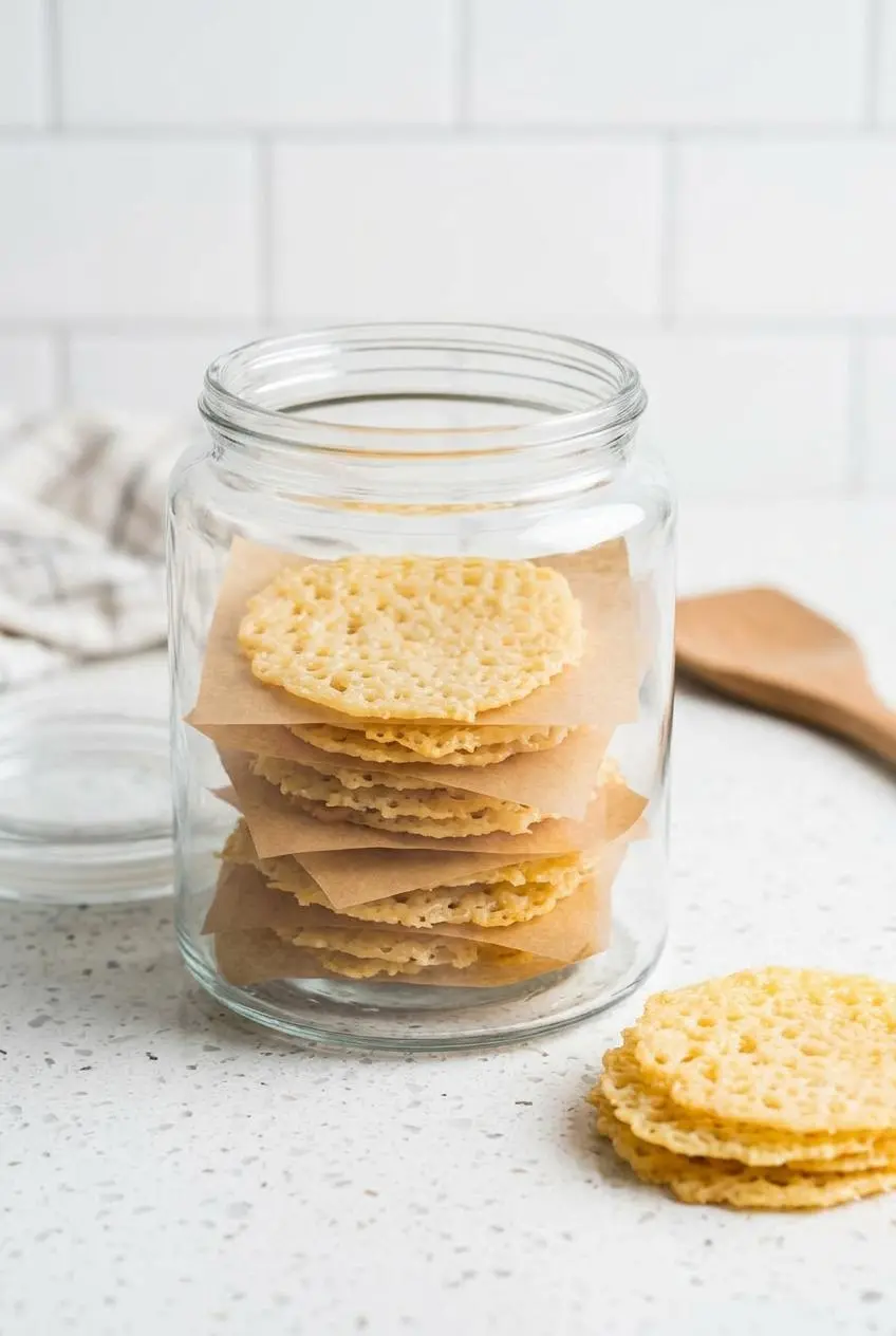 Glass jar stacked with parmesan crisps separated by parchment paper squares on a stone counter.
