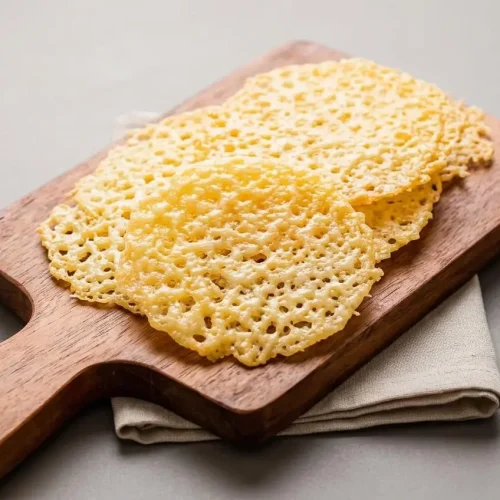 Golden, lacy parmesan crisps baked to a delicate crunch on a clean surface.