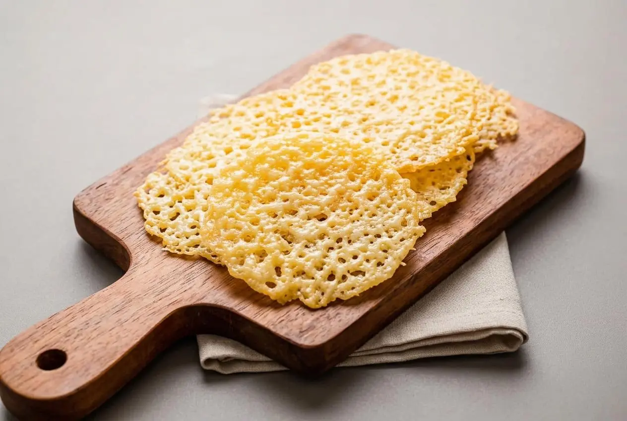 Golden, lacy parmesan crisps baked to a delicate crunch on a clean surface.