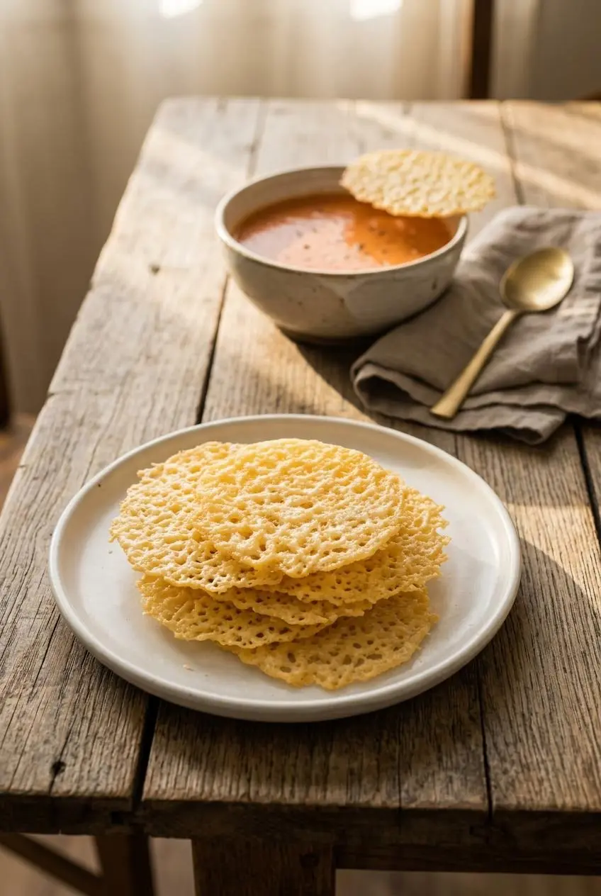 Stacked parmesan crisps served alongside a bowl of creamy roasted tomato soup on an oak table.