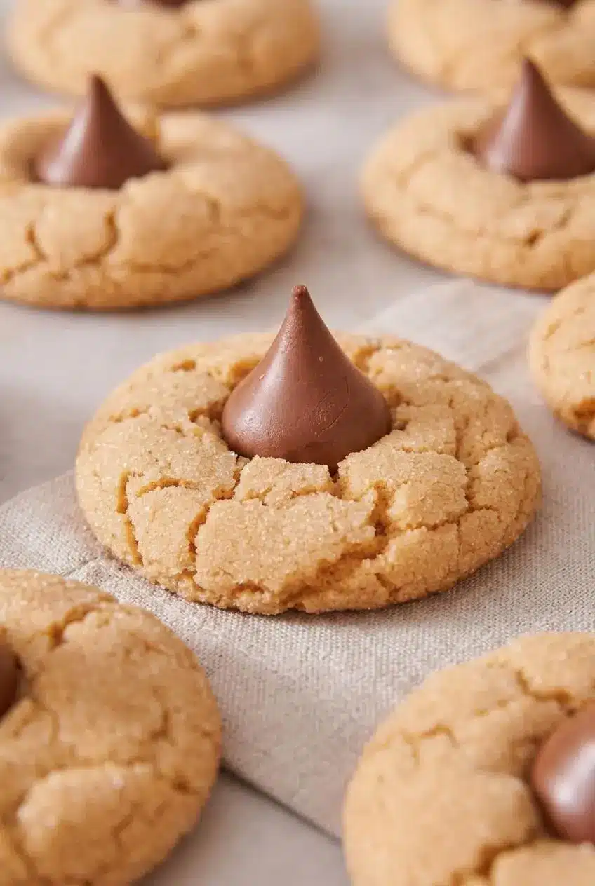 Close-up of baked peanut butter cookie with fine hairline cracks and a chocolate kiss pressed in the center.