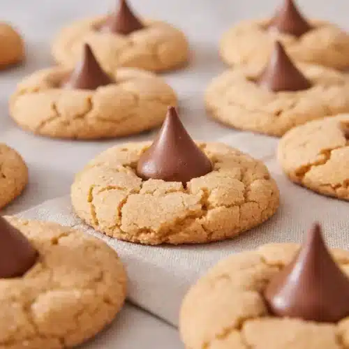 Soft peanut butter blossom cookies with sparkling sugar crystals and milk chocolate kiss centers.
