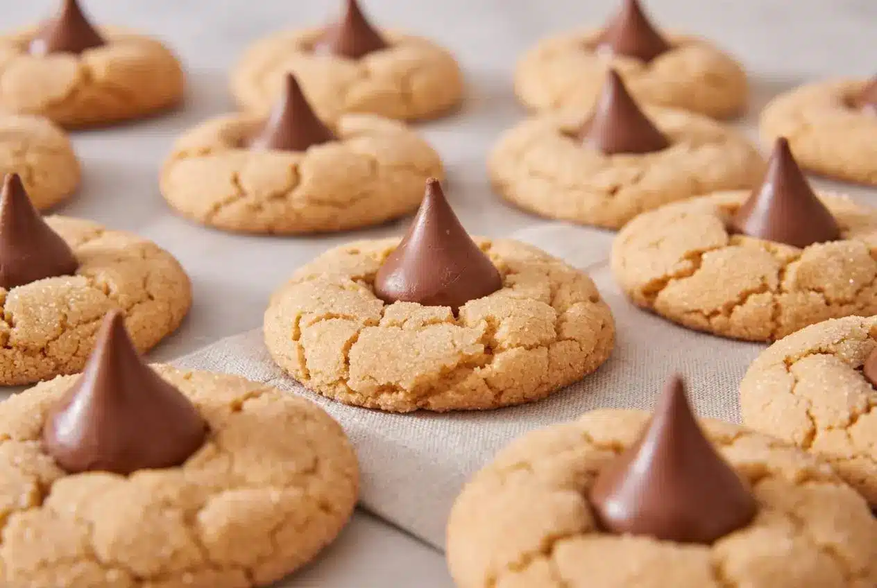 Soft peanut butter blossom cookies with sparkling sugar crystals and milk chocolate kiss centers.
